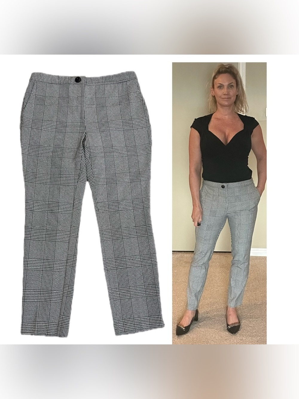 Zara black white plaid check stretchy slim ankle pants Sz L